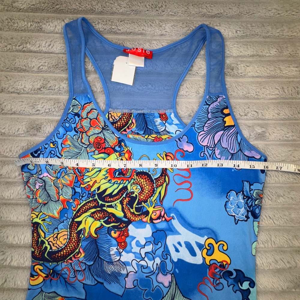 Natori Womens Small Blue Japanese Dragon Racerback‎ Tank Top Built-in-Bra Y2K - Picture 4 of 10